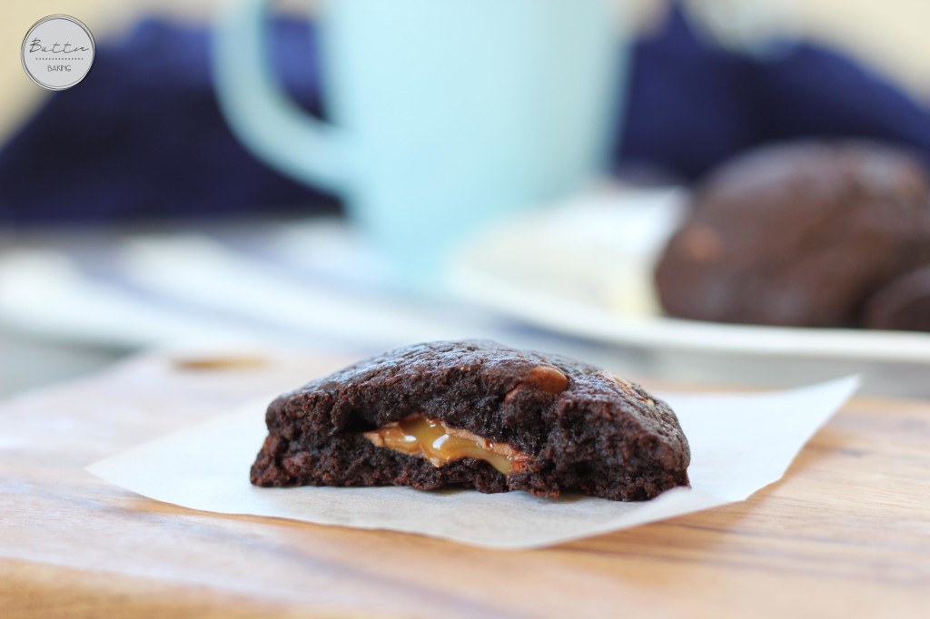 Fudgy Caramel Triple Chocolate Chip Cookies